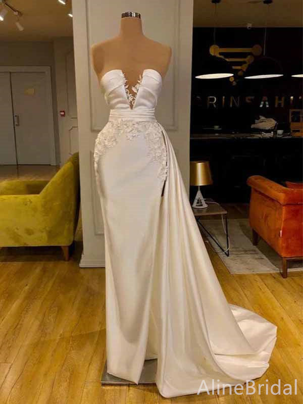 Sexy V-neck White Lace Strapless Side Slit Mermaid Long Prom Dress,PD382034