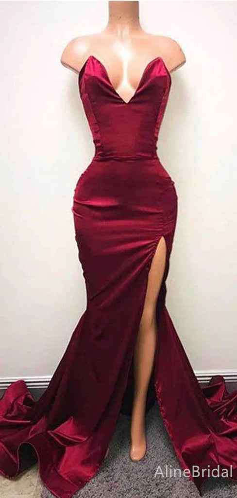 Elegant V-neck Burgundy Strapless Side Slit Mermaid Long Prom Dress,PD382035