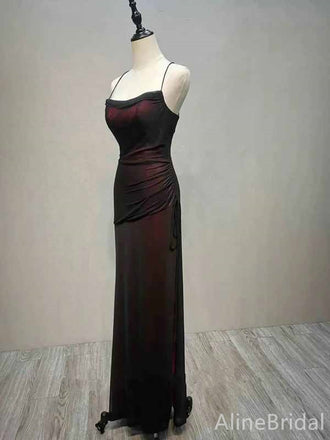 Black&Burgundy Spaghetti Strap Backless Mermaid Long Tulle Prom Dress, PD382042