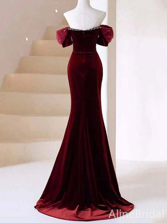 Vintage Sweetheart Off-Shoulder Burgundy Long Velvet Mermaid Prom Dress, PD382045