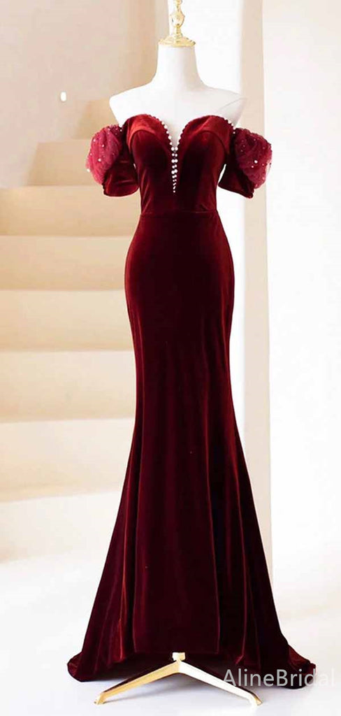 Gorgeous Sweetheart Off-Shoulder Burgundy Mermaid Long Prom Dress,PD382045