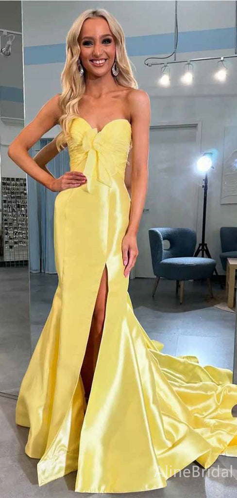 Elegant Yellow Sweetheart Side Slit Strapless Mermaid Long Prom Dress,PD382047