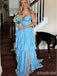 Elegant V-neck Blue Spaghetti Strap Side Slit A-line Long Prom Dress,PD382051