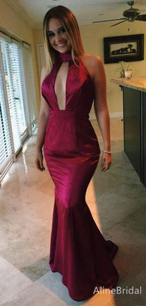 Sexy Burgundy Halter Long Mermaid Prom Dress with Cut-Out, PD382055