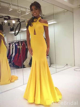 Unique Yellow Halter Long Mermaid Prom Dress, Off the Shoulder Cut Out Evening Dress, PD382070