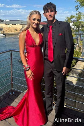 Sexy Red Deep V-neck Halter Long Mermaid Prom Dress, Evening Dress, PD382107