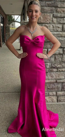 Unique Hot Pink Sweetheart Strapless Long Mermaid Prom Dress with Big Bow, Evening Dress, PD382110