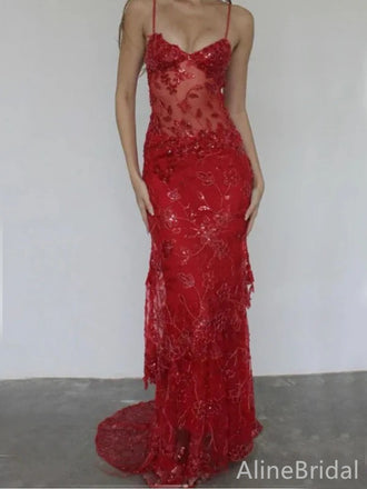 Sexy Red Lace Appliqué Sheer Spaghetti Strap Long Mermaid Evening Gown, Evening Dress, PD382135
