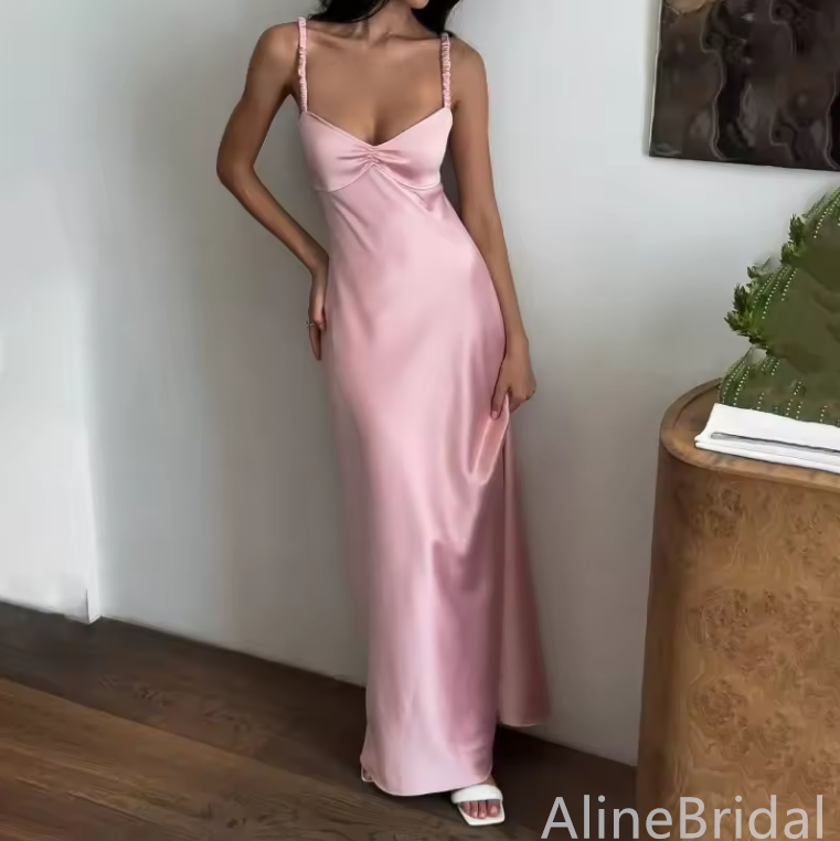 Elegant V-neck Pink Spaghetti Strap Mermaid Long Prom Dress,Evening Dress,PD382140