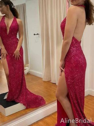 Sexy Red V-neck Halter Lace Long Prom Dress with Side slit, Evening Dress, PD382164