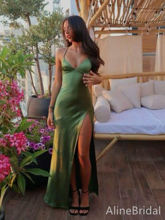 Sexy Green V-neck Spaghetti Strap Satin Backless Long Mermaid Prom Dress with Slit, Evening Dress, PD382171
