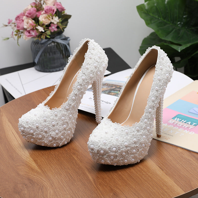 New wedding shoes, lace high heel wedding shoes for women, stiletto heels, large size platform shoes for women