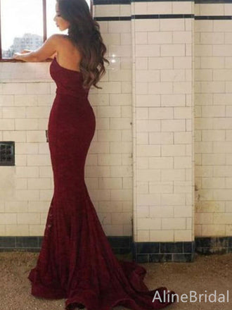 Gorgeous Sweetheart Burgundy Strapless Lace Mermaid Long Prom Dress,Evening Dress,PD382193