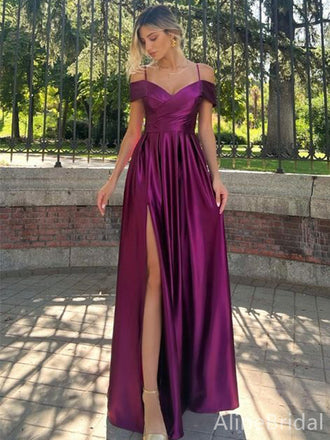 Gorgeous Purple V-neck Off-Shoulder A-line Long Prom Dress with Side Slit, Evening Dress,PD382212