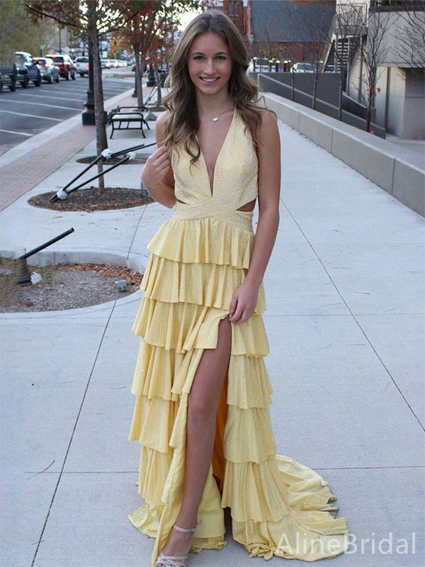 Unique Deep V-neck Yellow Side Slit A-line Long Prom Dress,Evening Dress,PD382223