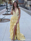Unique Deep V-neck Yellow Side Slit A-line Long Prom Dress,Evening Dress,PD382223