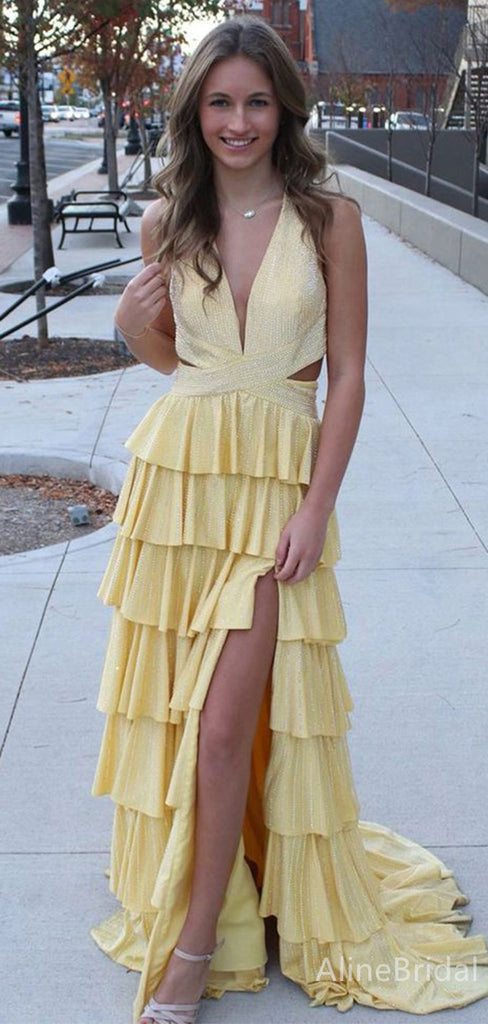 Unique Deep V-neck Yellow Side Slit A-line Long Prom Dress,Evening Dress,PD382223