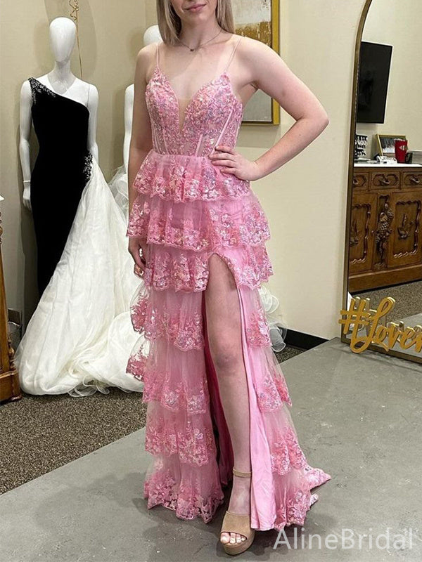 Gorgeous V-neck Spaghetti Strap Backless Lace Appliques Side Slit A-line Long Prom Dress,Evening Dress,PD382226