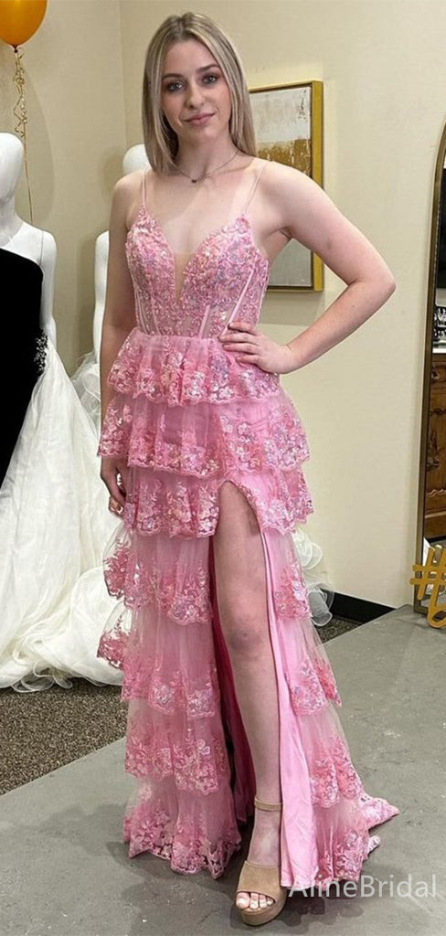 Gorgeous V-neck Spaghetti Strap Backless Lace Appliques Side Slit A-line Long Prom Dress,Evening Dress,PD382226