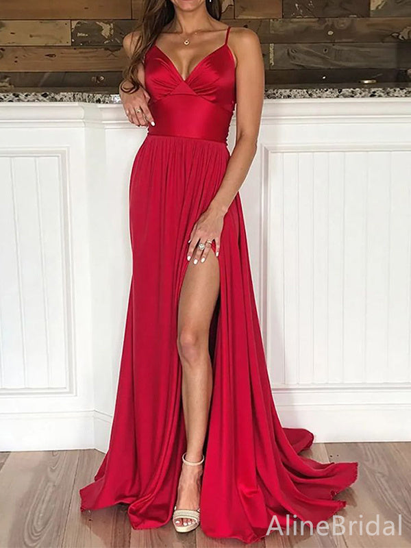 Elegant V-neck Spaghetti Strap Red Side Slit A-line Long Prom Dress,Evening Dress,PD382227