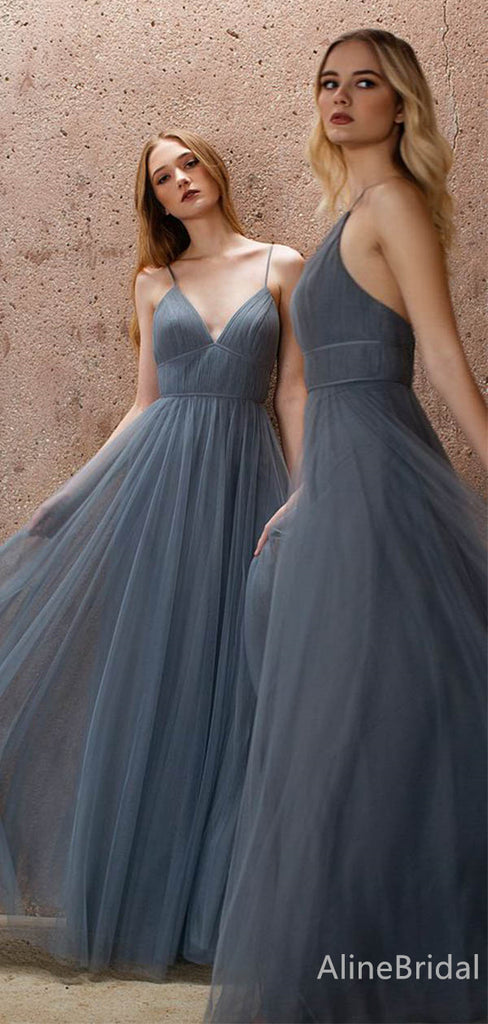 Simple Grey V-neck Spaghetti Strap A-line Long Bridesmaid Dress,PD3231