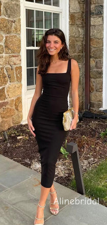 Simple Square Black Column Midi Dress, PD382235