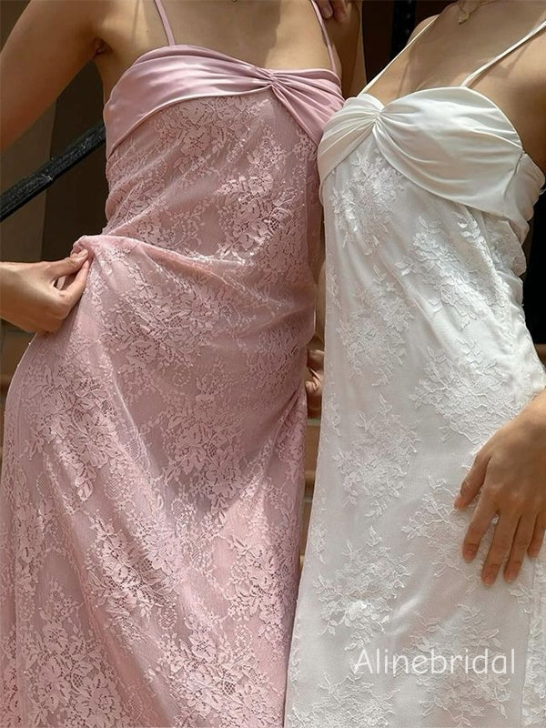 Elegant Spaghetti Straps Bow Lace Blush Soft Satin  Long Prom Dress , Evening Dress, PD382237