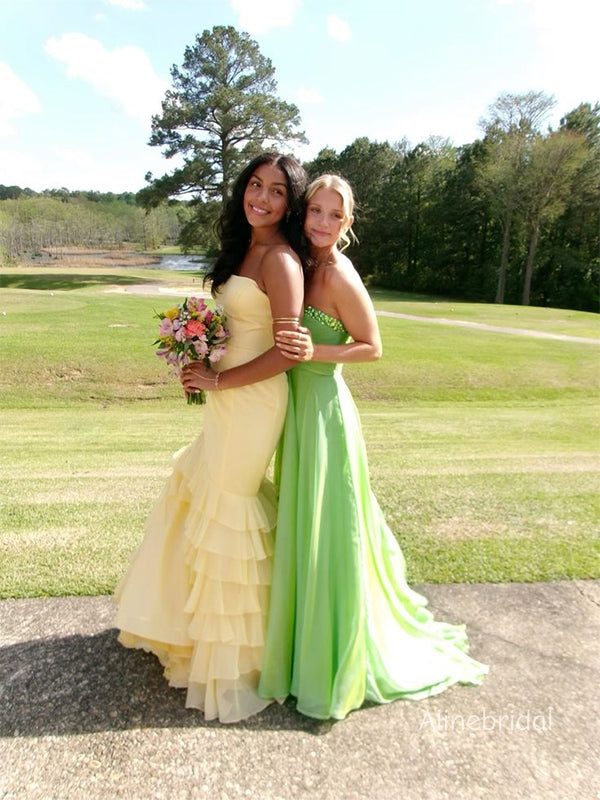 Elegant Strapless Yellow Soft Satin Tiered Long Mermaid Prom Dress ，Evening Dress PD382233