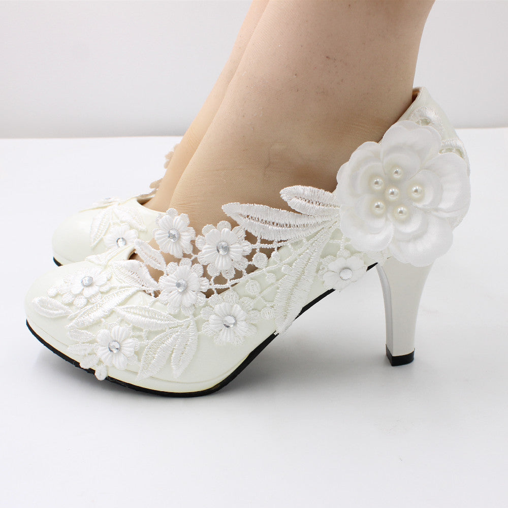 White high heel large size wedding shoes for women round toe wedding shoes