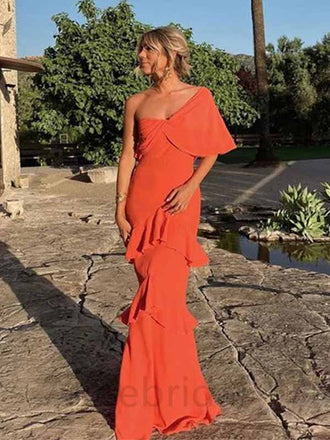 Elegant One Shoulder Burnt Orange Ruffle Mermaid Long Prom Dress, PD3635