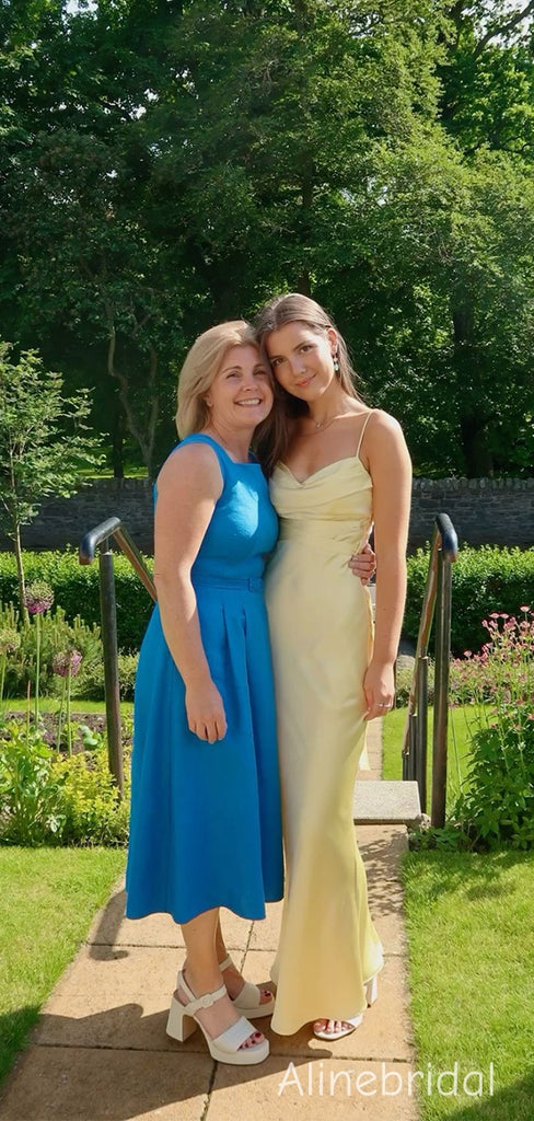 Elegant Cowl Neck Spaghetti Straps Light Yellow Soft Satin Maxi Long Mermaid Prom Dress, Bridesmaid  dress, PD382236