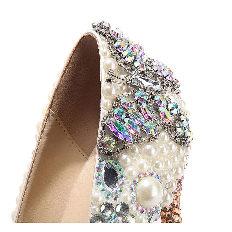 Bride and bridesmaid new European and American colored diamond pearl shoes for women with stiletto heel and super high heel pattern fashion versatile pointed toe shoes