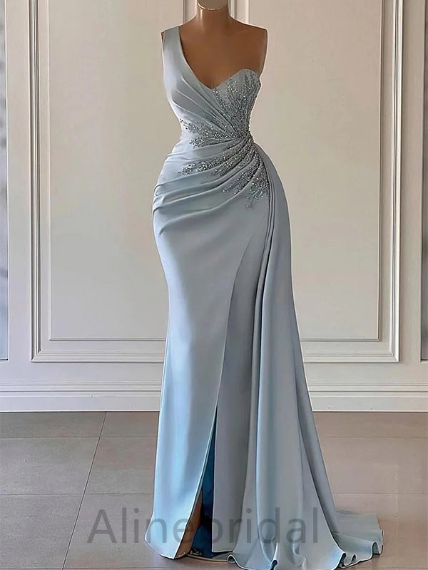 Baby Blue One Shoulder Sleeveless Side Slit Mermaid Long Prom Dress, PD3734