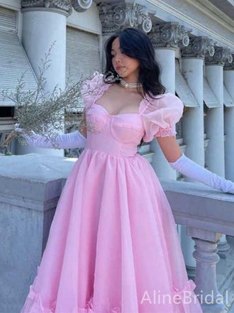 Gorgeous Pink Sweatheart Ruffles A-line Long Prom Dress with Puff Sleeve, Evening Dress, WD3061