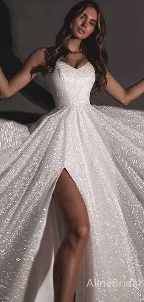Sparkly V-neck Spaghetti Strap A-line Long Wedding Dresses,WD3062