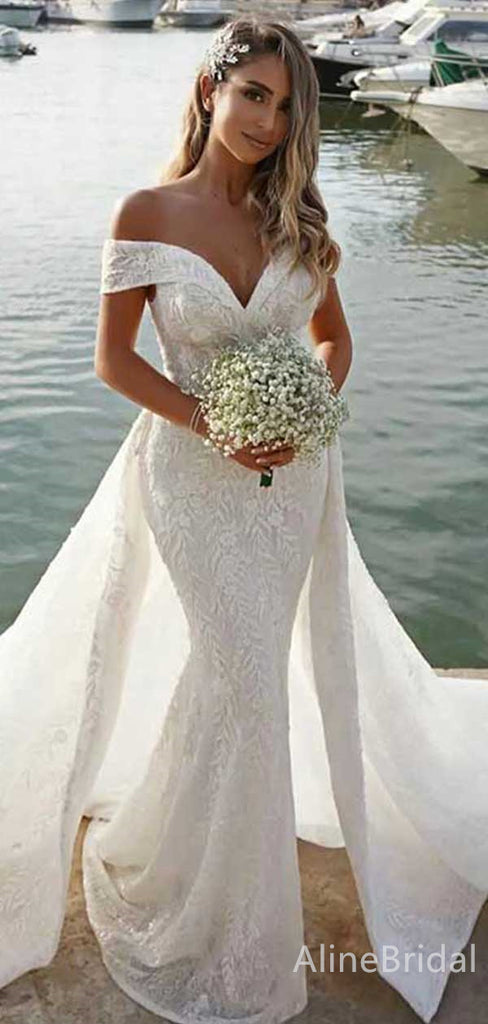 Elegant V-neck Off-Shoulder Mermaid Long Wedding Dresses,WD3069