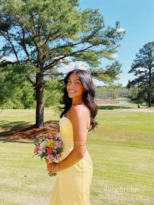 Elegant Strapless Yellow Soft Satin Tiered Long Mermaid Prom Dress ，Evening Dress PD382233