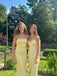 Elegant Cowl Neck Spaghetti Straps Light Yellow Soft Satin Maxi Long Mermaid Prom Dress, Bridesmaid  dress, PD382236