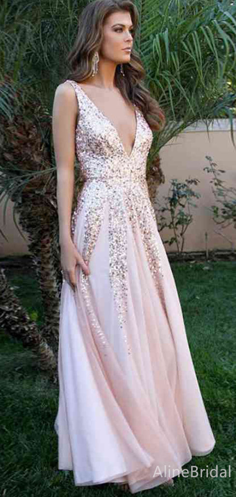 Sparkly Sequins V-neck A-line Long Prom Dress,Evening Dress,PD37702