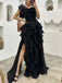 Ruffle Off Shoulder Side Slit Sleeveless A-line Floor length Prom Dress, PD3723