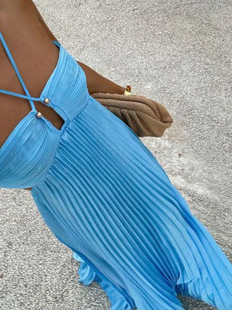 Unique Summer Halter Pleated Blue Spaghetti Strap Backless A-line Long Prom Dress,2025 Fashion Lady A-line Robes,PD381986