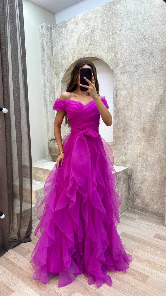 Elegant Off Shoulder Sleeveless A-line Floor length Prom Dress, PD3708