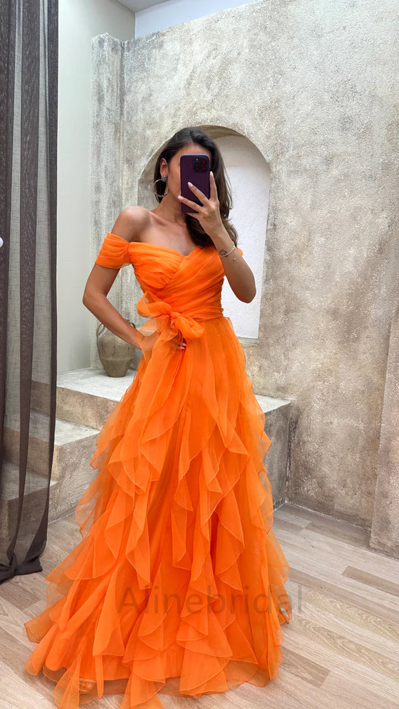 Elegant Off Shoulder Sleeveless A-line Floor length Prom Dress, PD3708