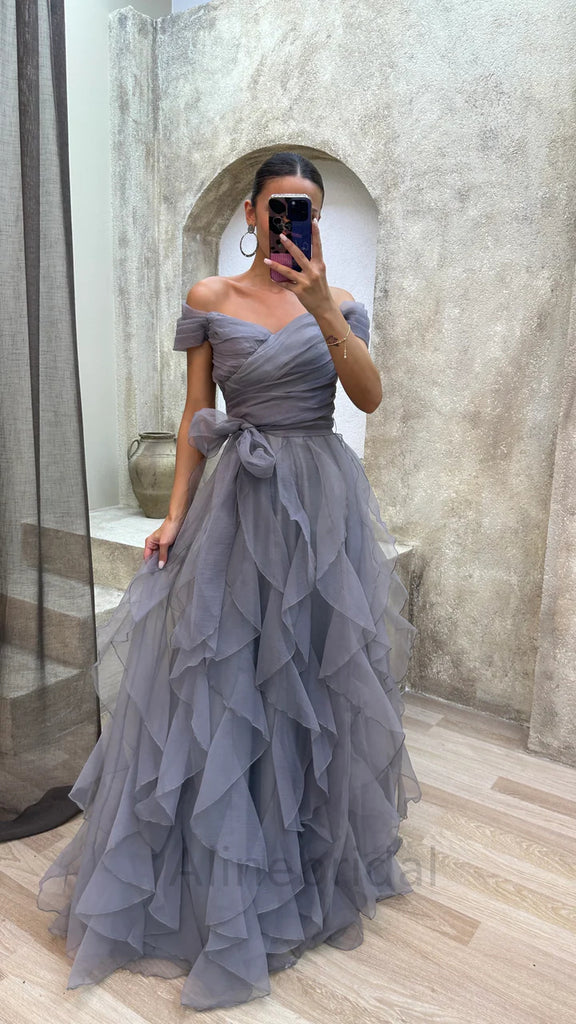 Elegant Off Shoulder Sleeveless A-line Floor length Prom Dress, PD3708