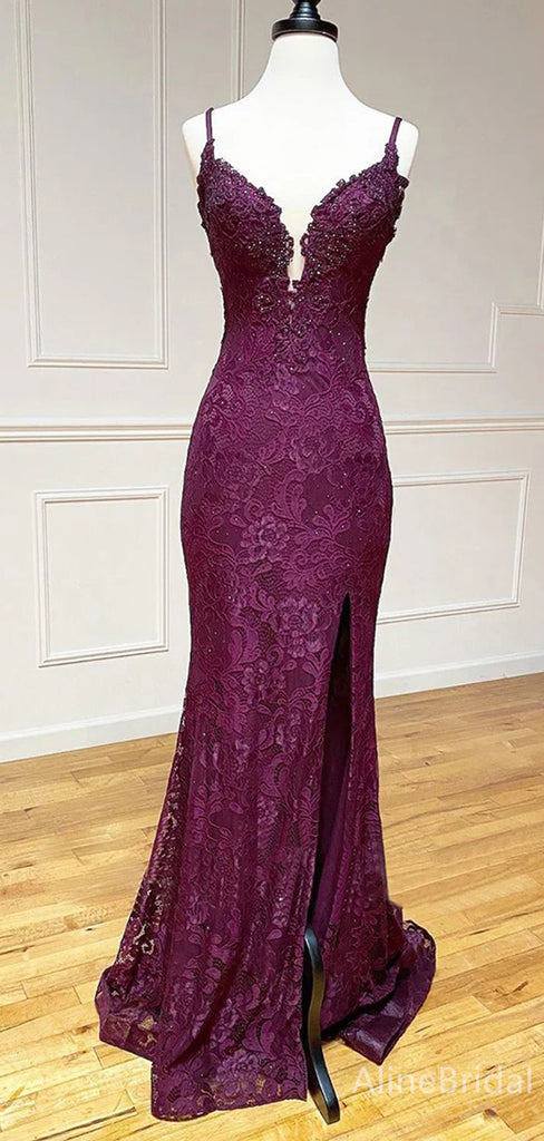 Elegant V-neck Spaghetti Strap Lace Mermaid Long Prom Dress,Evening Dress,PD37744