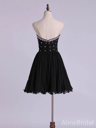 Simple Black Sweatheart Strapless A-line Short Mini Homecoming Dress with Beading, HD32655
