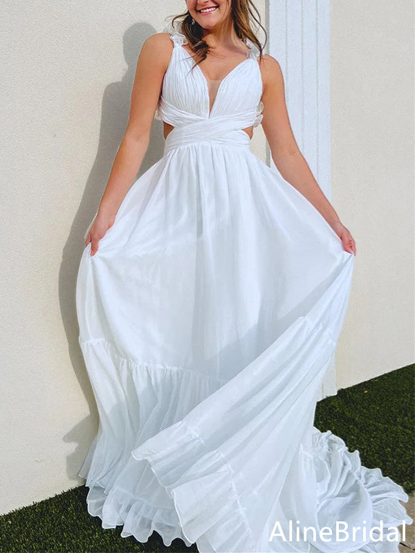 Elegant White V-neck A-line Long Prom Dress,Evening Dress,PD37758