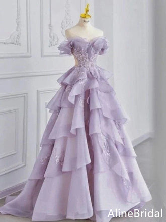 Elegant Purple Strapless A-line Long Layered Tulle Prom Dress, Evening Dress, PD37764