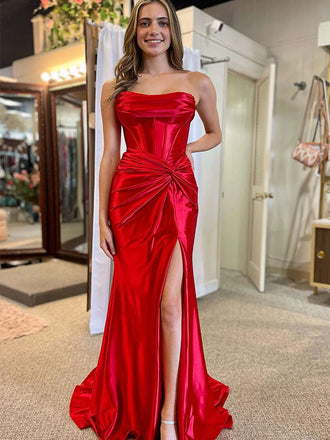Sexy Red Strapless Sleeveless Side Slit Mermaid Floor Length Prom Dress, PD3643