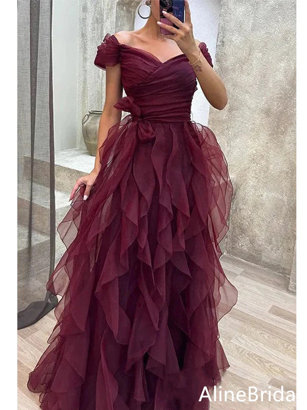 Elegant V-neck Off-Shoulder A-line Long Prom Dress,Evening Dress,PD37787